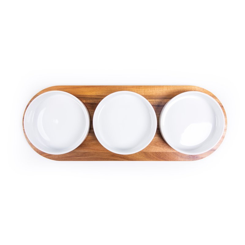 Acacia Wood Tray with Stoneware Bowls - 4 Pack for Condiments