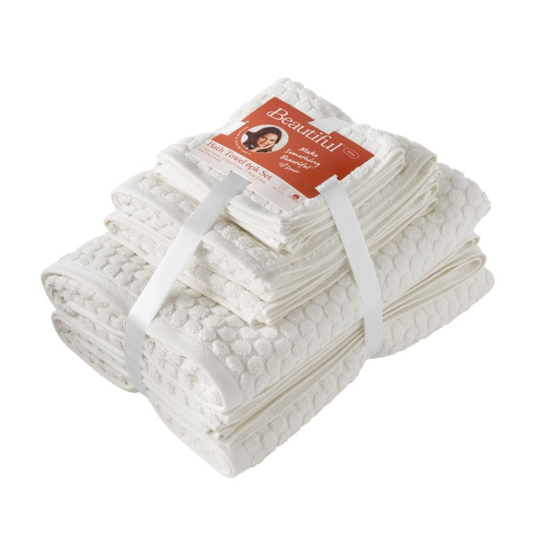 Dot Textured Cotton Bath Towel Set - Off White, 6 Pieces