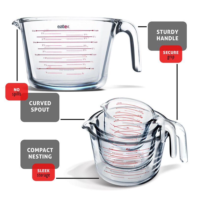 Glass Measuring Cup Set - 6 Piece Borosilicate Measuring Cups