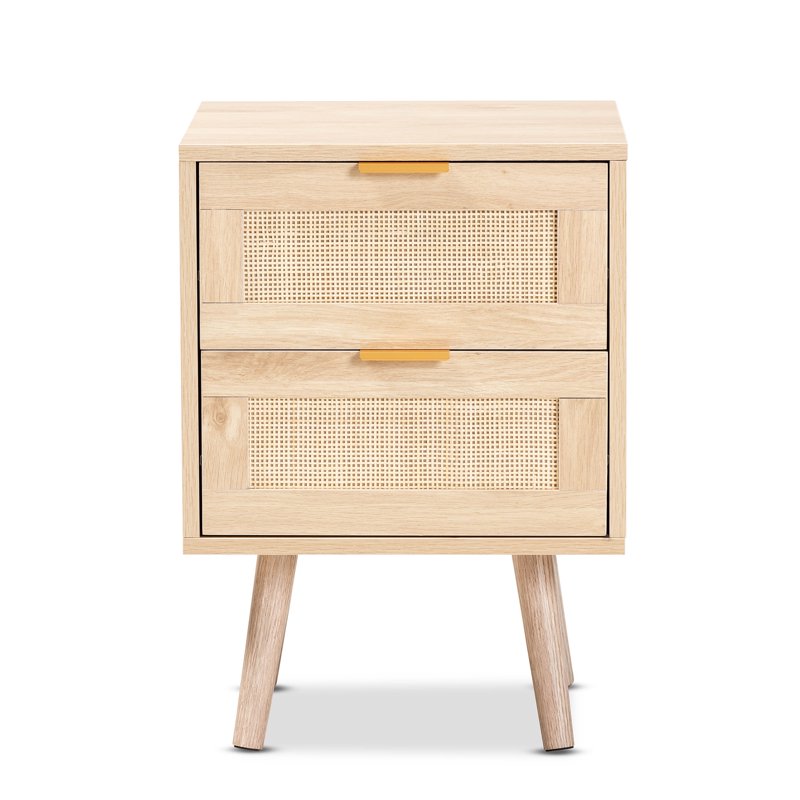 Mid-Century Modern Light Oak Brown End Table with Rattan Drawers