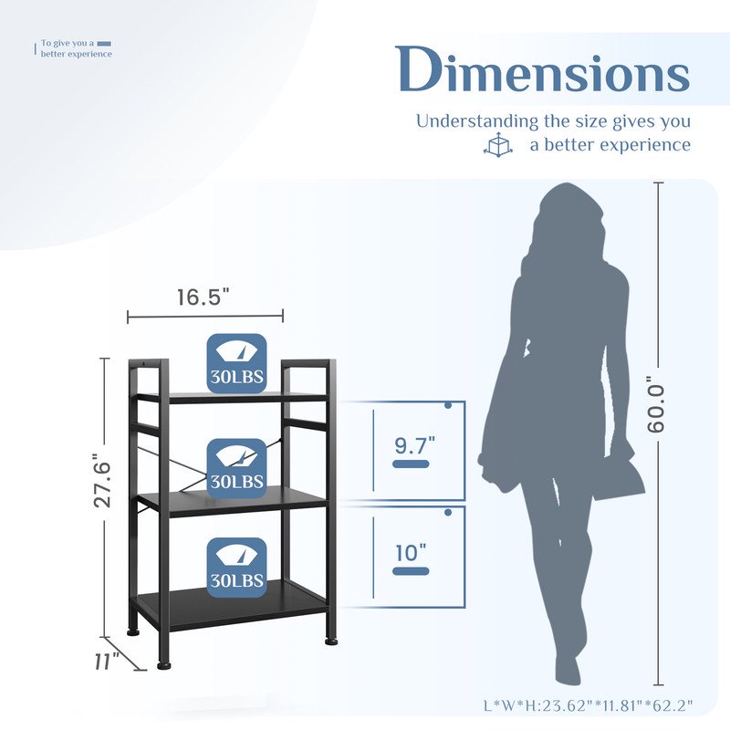 3 Tier Industrial Bookshelf - Freestanding Storage Organizer