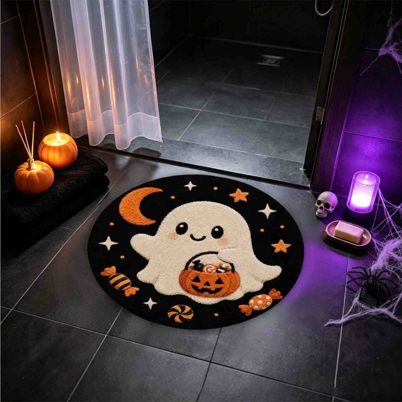 Halloween Ghost Doormat 23.62in Diameter Non-Slip Water-Absorbing Indoor Welcome Mat - Black