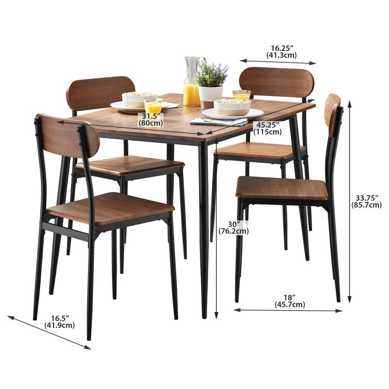 5-Piece Modern Wood & Metal Dining Set - Walnut Color