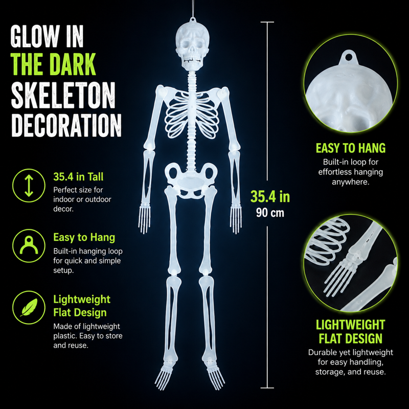 Life Size Luminous Skeleton - 3 ft Poseable Halloween Decor, Glows in Dark