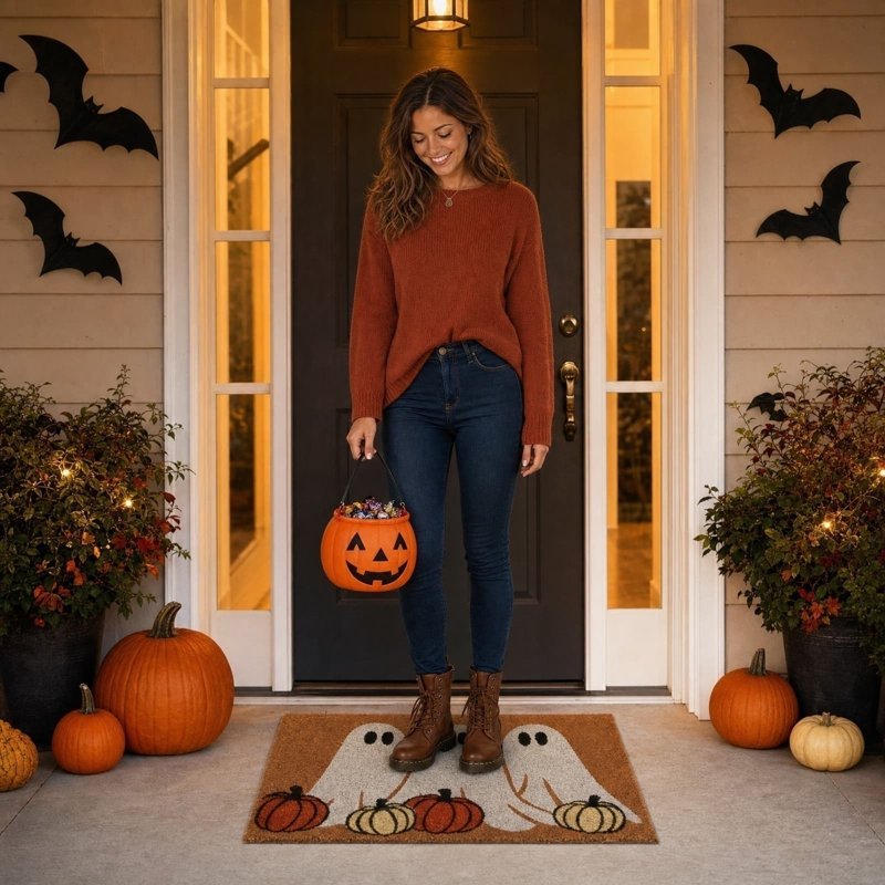 Halloween Ghost and Pumpkin Doormat - Non-Slip Indoor Outdoor Welcome Rug for Front Porch