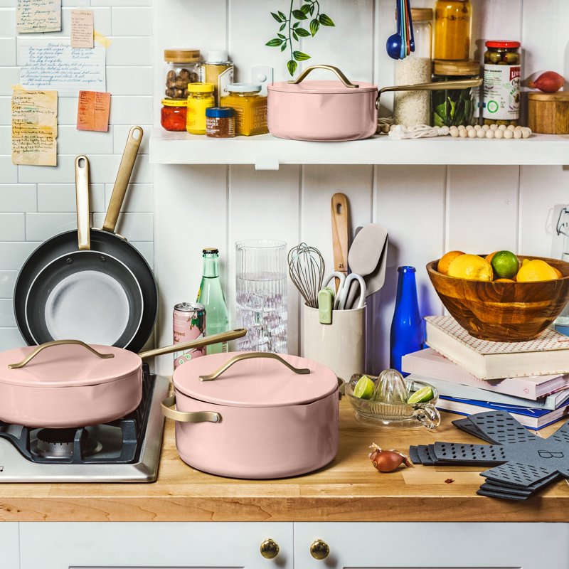 12-Piece Ceramic Nonstick Cookware Set with Strainer Lids - Rose
