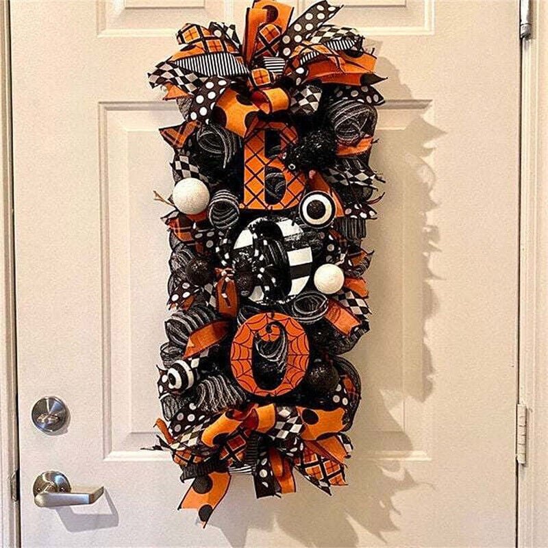 Halloween Wreath for Front Door, Spooky Pumpkin Welcome Decor, Hanging Halloween Party Sign