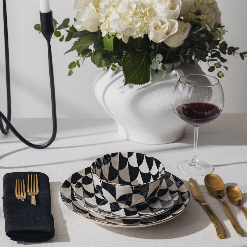 Ceramic Cereal Bowl - Black and White Geometric Pattern