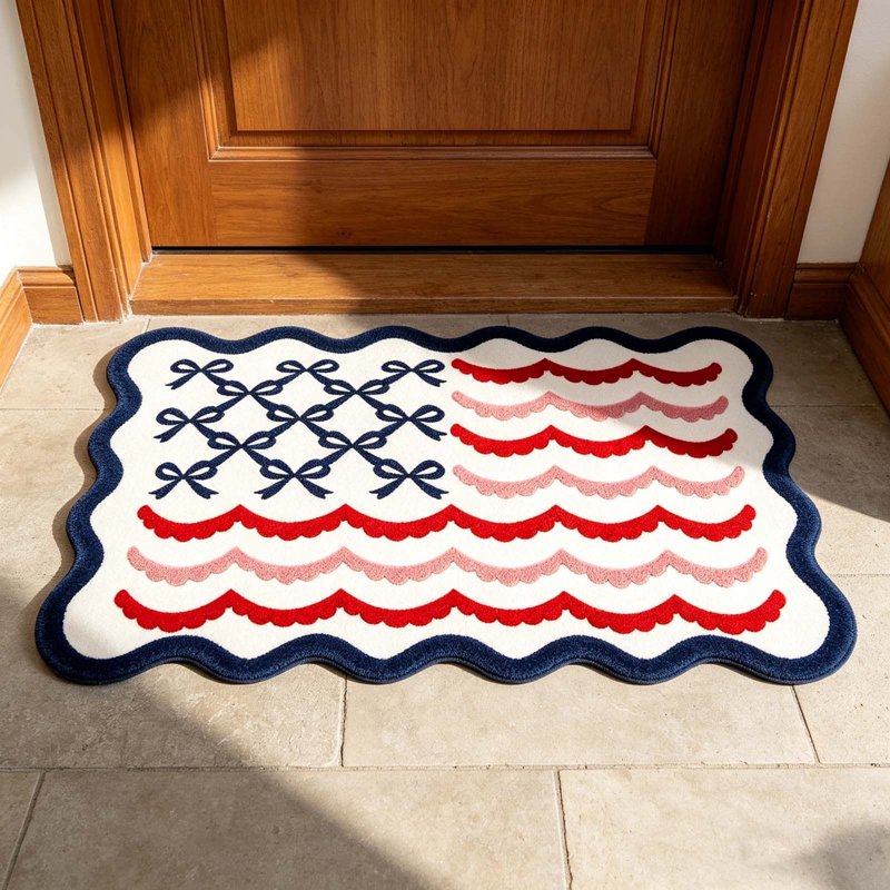 Patriotic Door Mat 4th of July Bow Flag Floor Doormat - 24x35in - Independence Day Welcome Rug - Non Slip Front Porch Decor