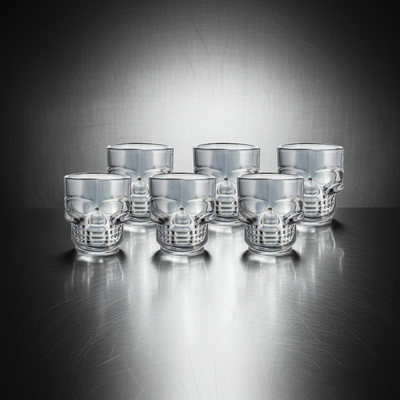 Skull Glass Shot Glasses Set of 6 - Smoke Finish, 1.75oz Gothic Barware