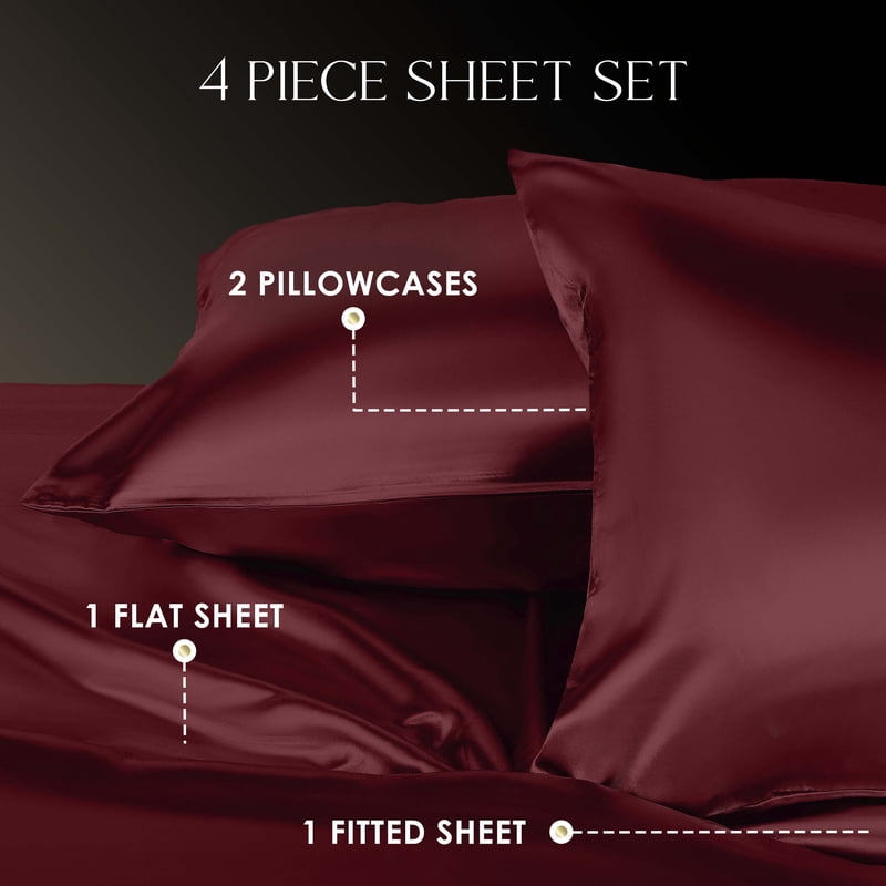 King Satin Sheet Set - Red, Silky Smooth Bed Sheets for Hair & Skin, All Season Luxury
