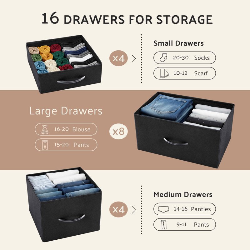 Tall Fabric Storage Dresser Tower with Wooden Top - 16 Drawer Black