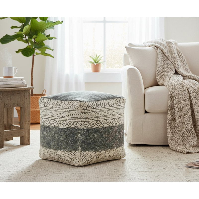 Gray/Beige Medium Tribal Indoor Square Pouf 20x20 Inch - Handcrafted Geometric Footstool