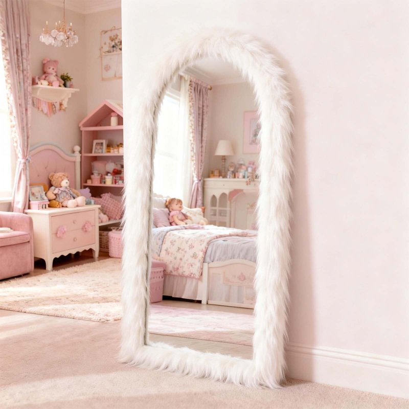 BEAUTYPEAK White Faux Fur Framed Full Length Mirror - Free Standing, 71x32 Inches