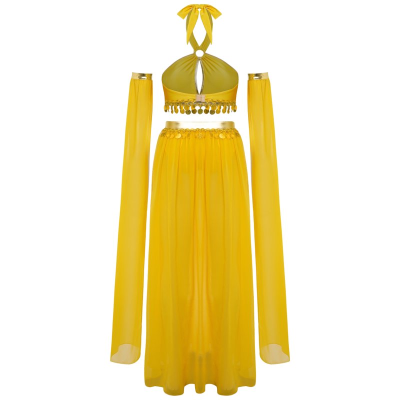 Women Belly Dance Costume Set with Chiffon Skirt and Crop Top - Yellow, S