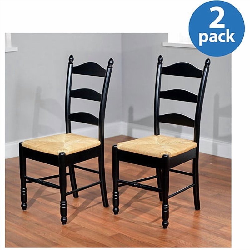 Ladder Back Dining Chair Set of 2 with Rush Seat - Black