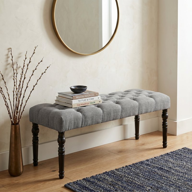 Tufted Fabric Dining Bench with Turned Legs - Gray