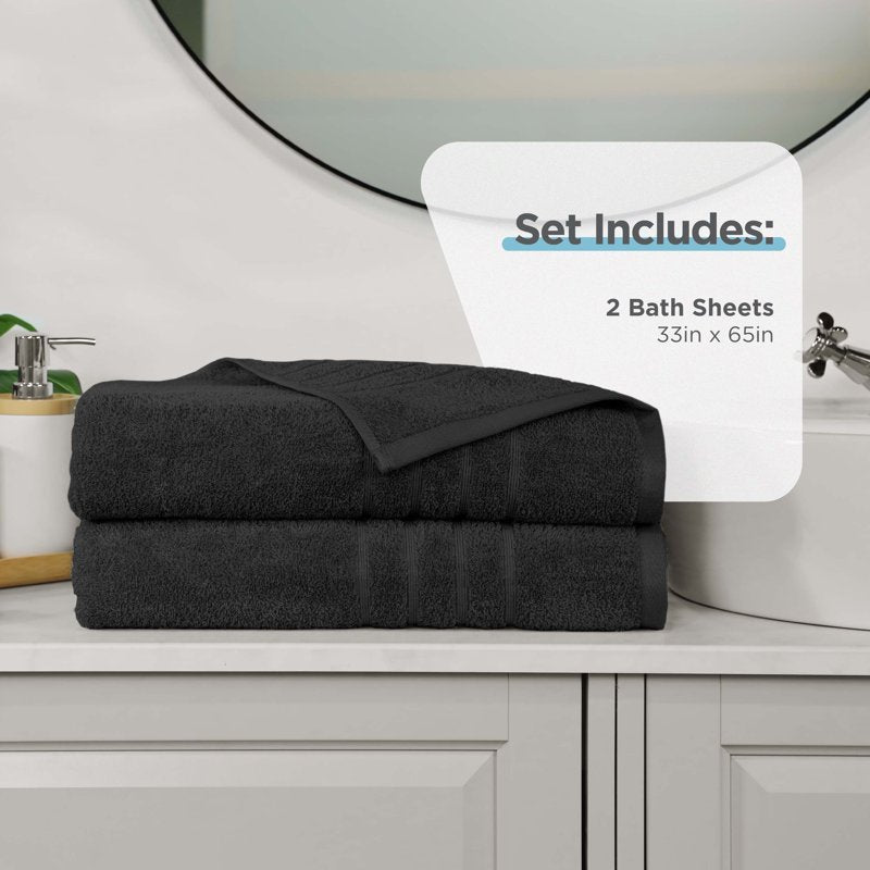 Oversized Black Bath Sheet Set - 2-Pack 33 x 65 Inch Cotton Towels, Soft & Absorbent