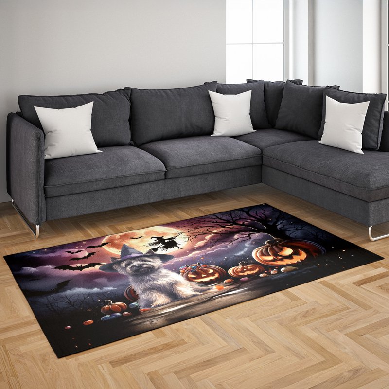 Pet-Themed Halloween Rug - Cairn Terrier & Pumpkins Indoor Carpet 36" x 60" - Variation of Cairn Terrier