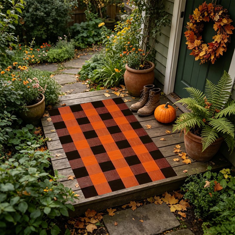A1-Brown Thanksgiving Plaid Doormat - Large Washable Layered Entry Rug 19.6x31.5in