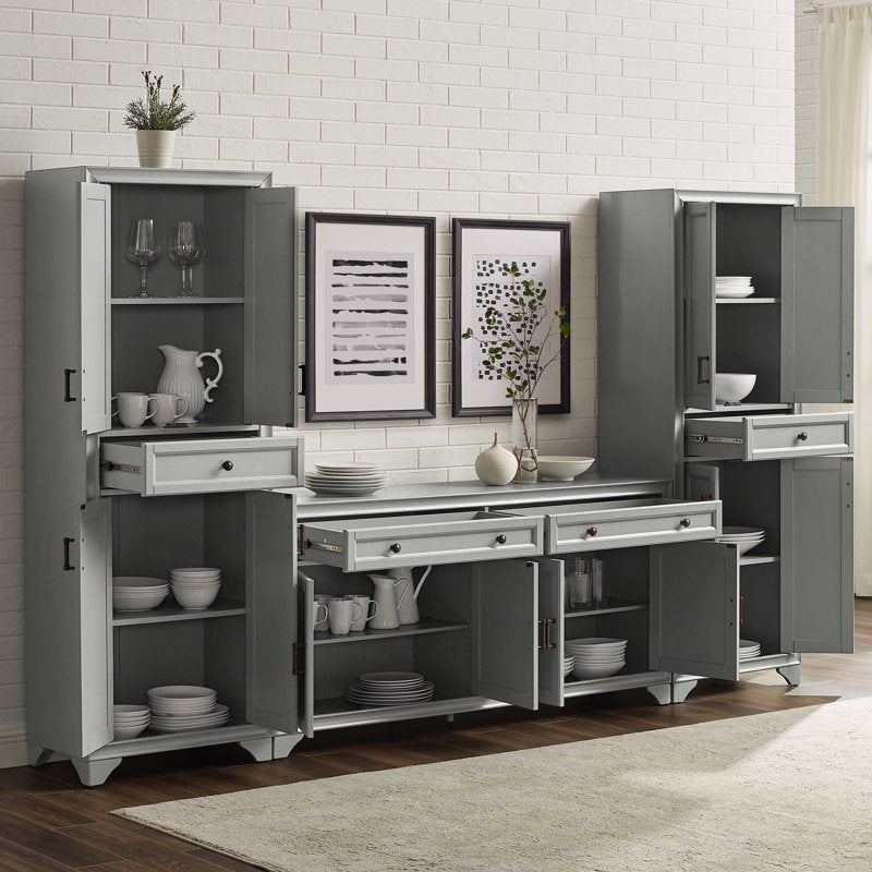 Tara 3-Piece Modern Farmhouse Sideboard Buffet & Pantry Set - Distressed Gray