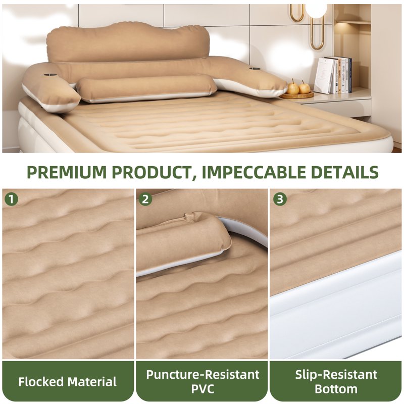 Queen Inflatable Air Bed with Headboard, Pump & Pillow - Brown, Portable