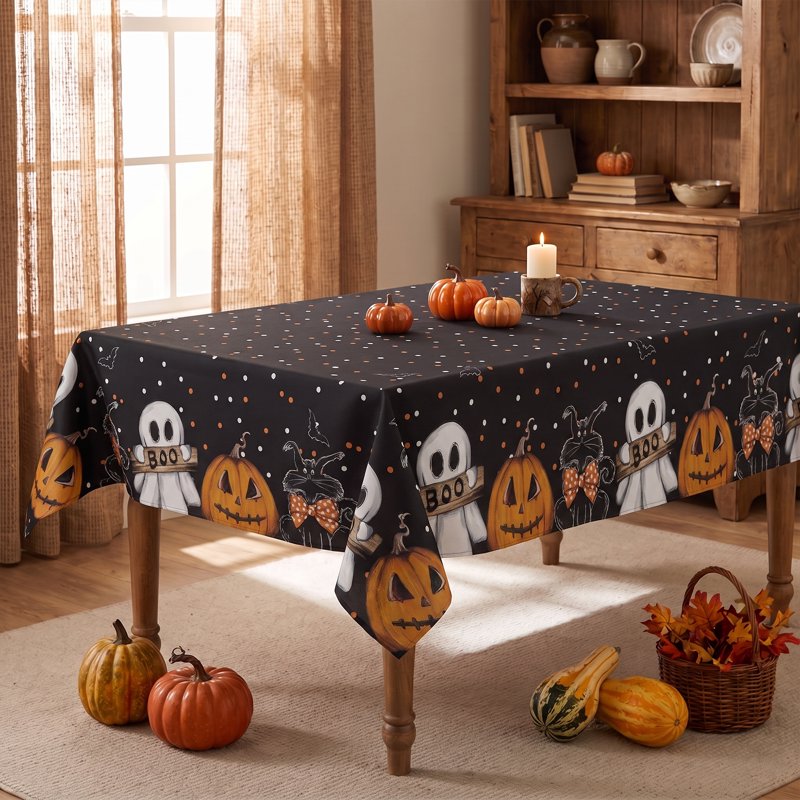 Halloween Tablecloth 52x70 Inch Black Ghost Cat Pumpkin Wrinkle-Resistant & Washable