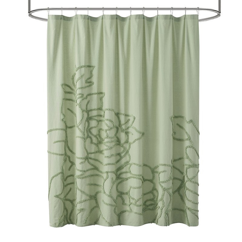 Sage Green Botanical Branch Chenille Cotton Shower Curtain - 72 x 72 Inches