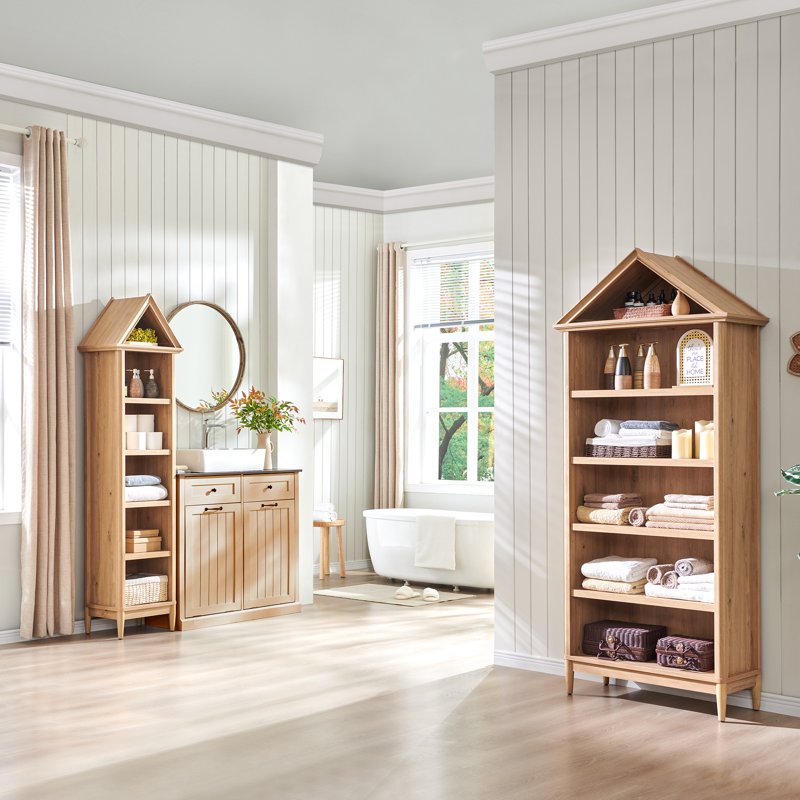 Tall Bathroom Cabinet - 75.9 Inch Freestanding Wooden Storage with Adjustable Shelves - Engineered Wood, Natural Finish