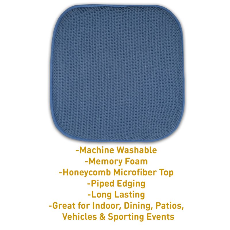 Memory Foam Chair Pad - Non-Slip Back, 16" x 16", Blue - 2 Pack