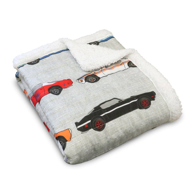 Kids Race Cars Throw Blanket - Reversible Sherpa Plush 60x50 Inches
