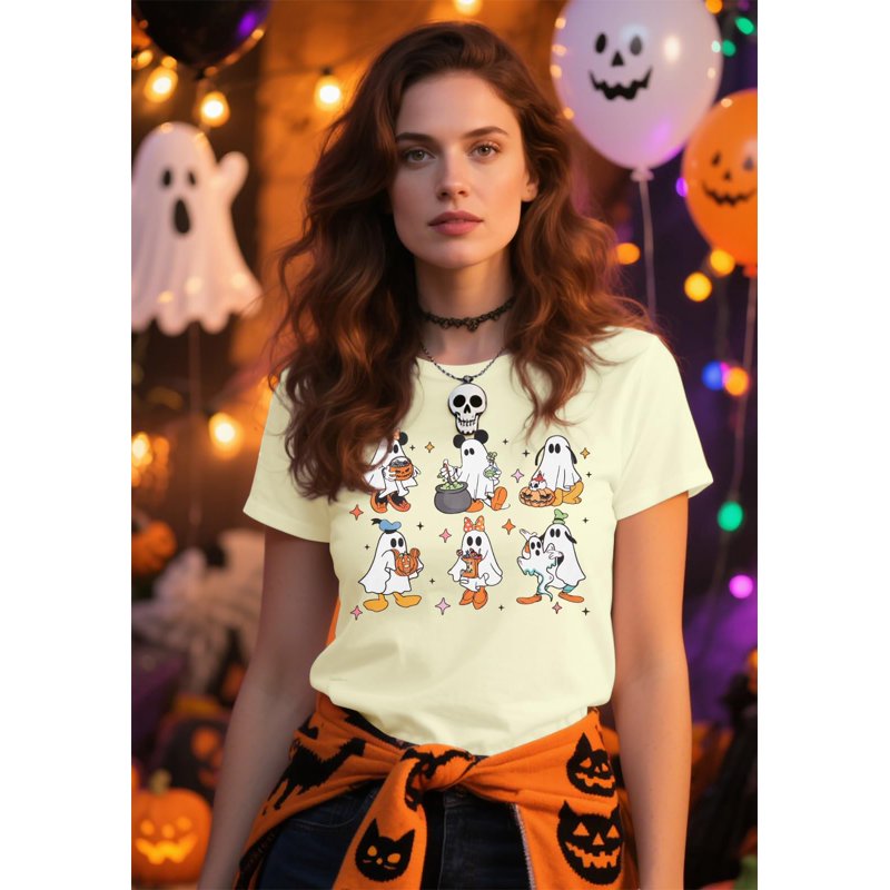 Women's Halloween Pumpkin T-Shirt with Ghost Graphic - Beige, Large