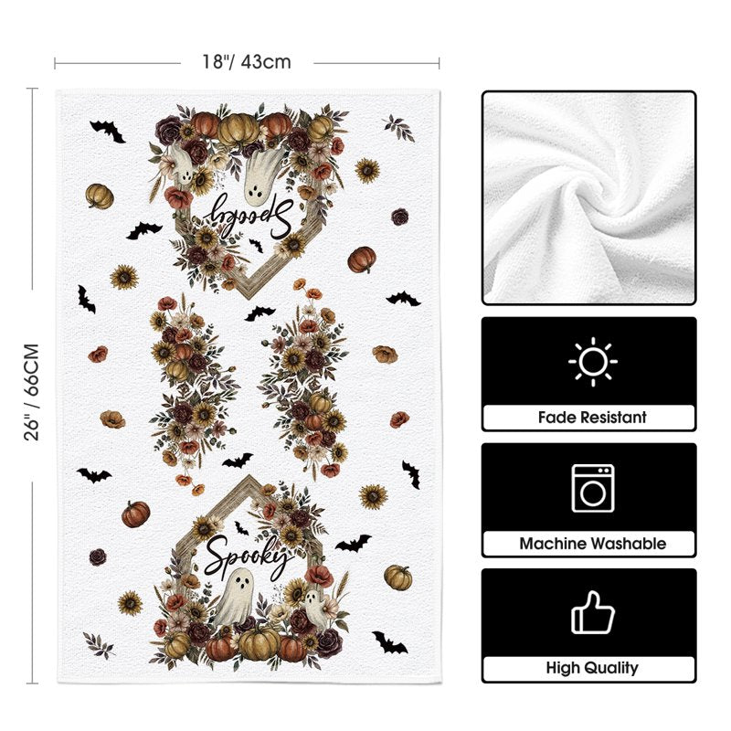 Ghost Pumpkin Eucalyptus Halloween Dish Towels Set of 2 - 18x26 Inch Seasonal Hand Towels