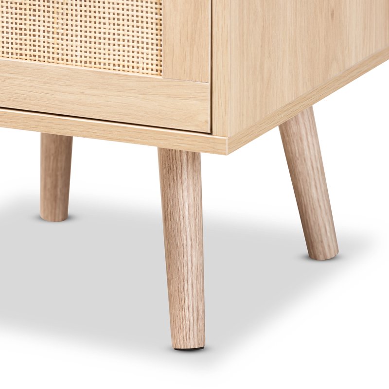 Mid-Century Modern Light Oak Brown End Table with Rattan Drawers