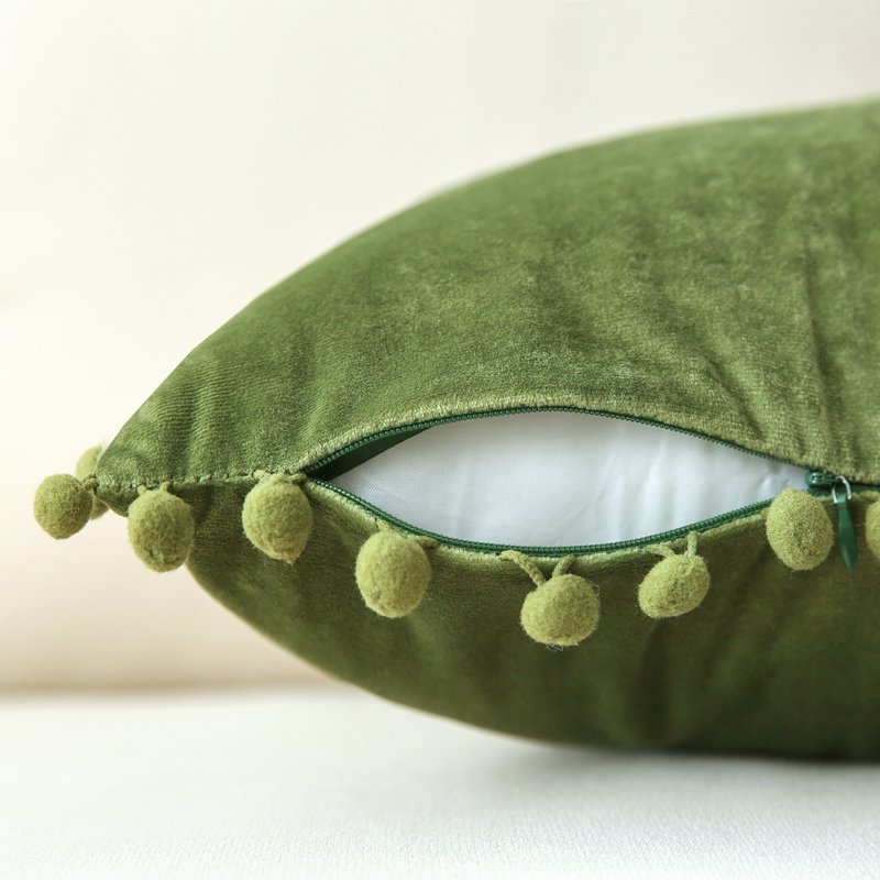 Green Velvet Throw Pillow Set 18x18 Inches with Pom Poms - 2 Pack