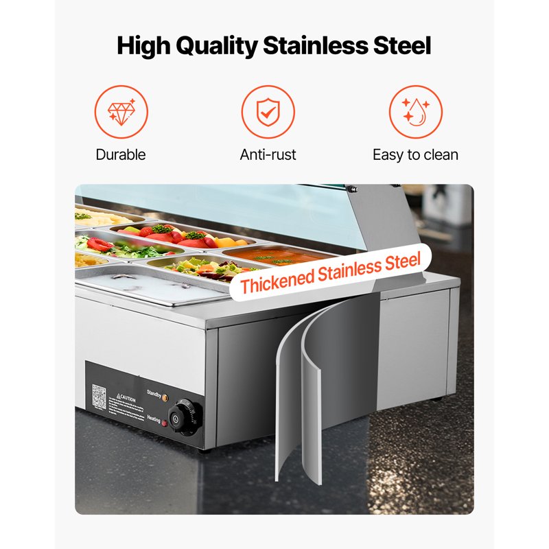 1700W Electric Food Warmer - Stainless Steel Steam Table with Glass Lid