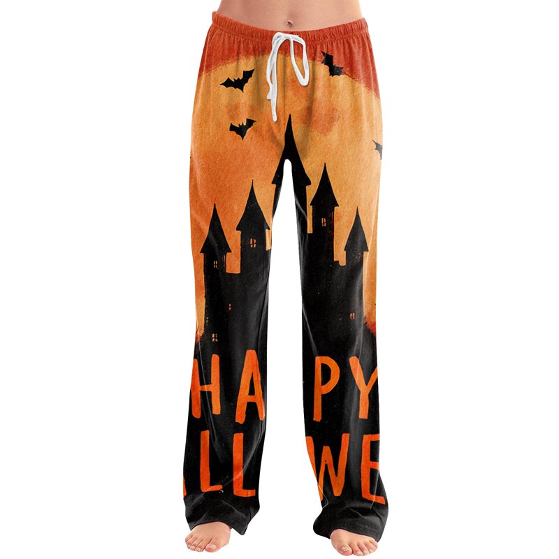 Orange Women's Fall Pajama Pants XL High Waist Wide Leg Sleepwear