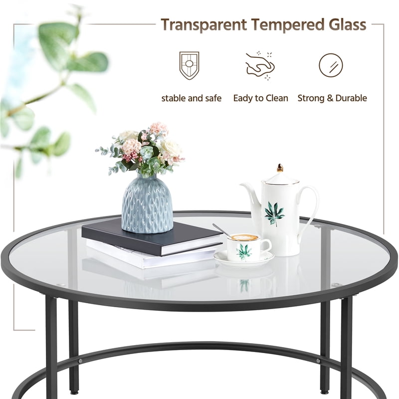 Round Modern Glass Coffee Table with Black Metal Frame