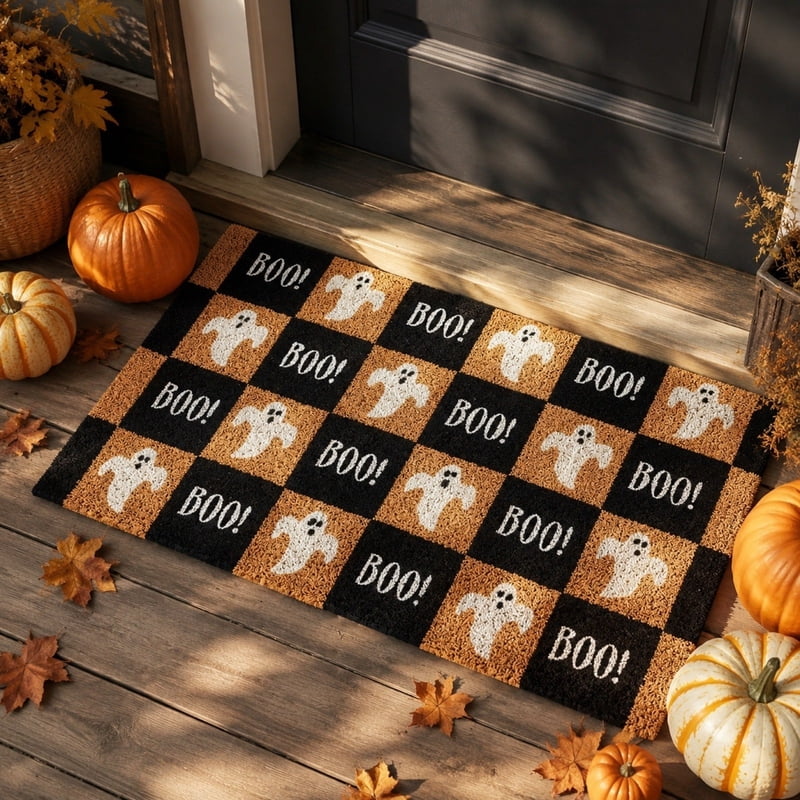 Halloween Ghost Doormat B - Black and Orange Checkered Front Door Rug, Non Slip Cute Spooky Decor