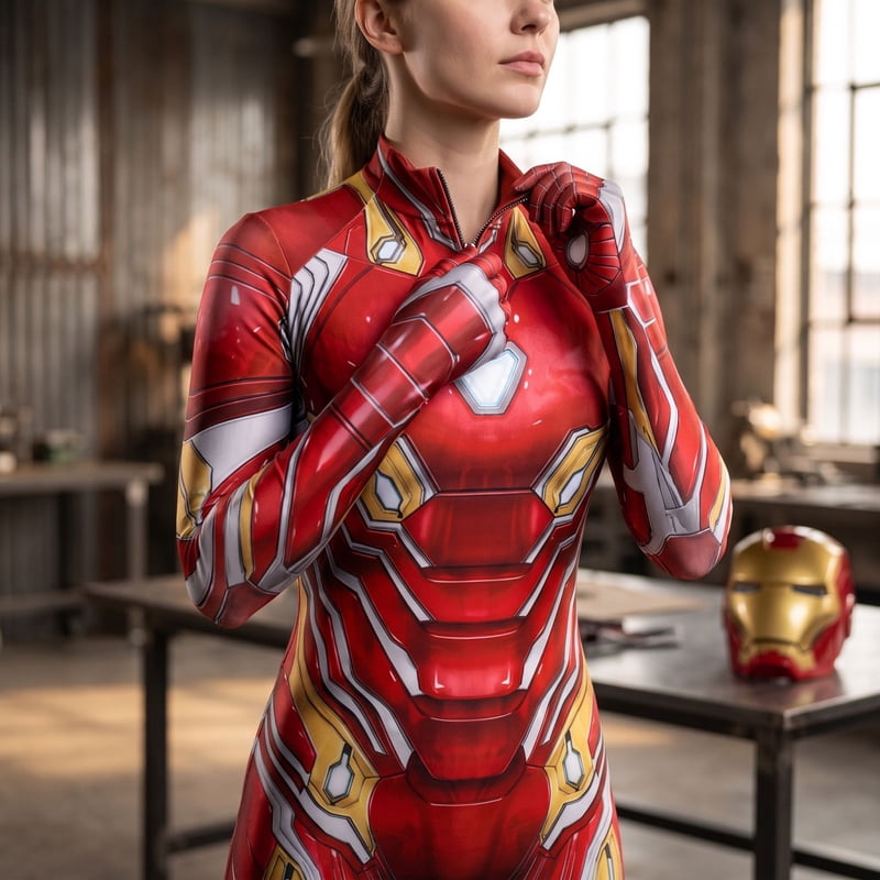 Women Superhero-Inspired Fitted Cosplay Bodysuit with Mask - Red, S Variation