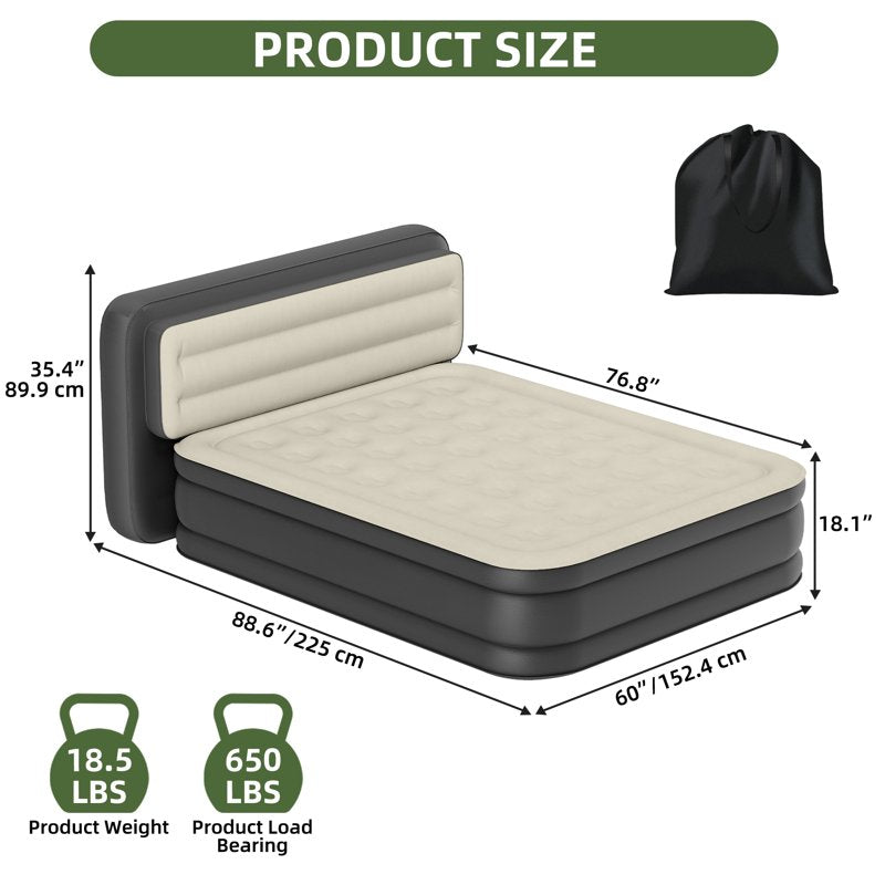 Gray Queen Size Air Mattress with Built-In Headboard & Pump - 18in Deluxe Flocked Top