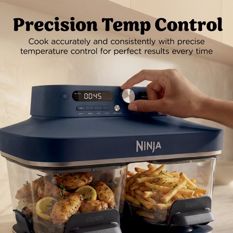 DualZone Glass Air Fryer - 8-Qt Capacity with Non-Toxic Containers - Blue