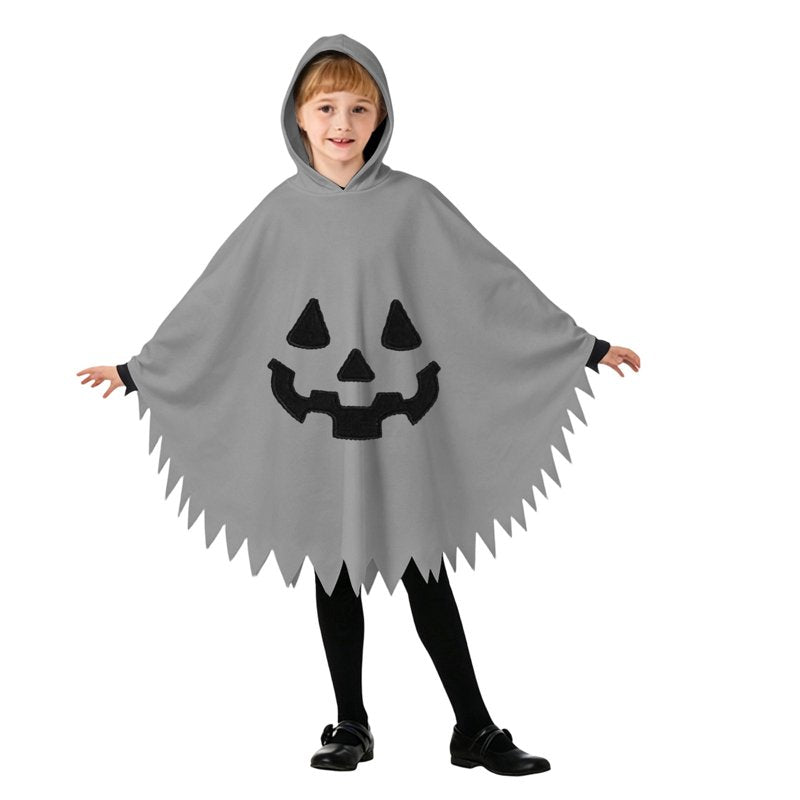 Grey Ghost Face Kids Halloween Costume Cape for Boys and Girls 10-12 Years - Unisex Hooded Dress Up