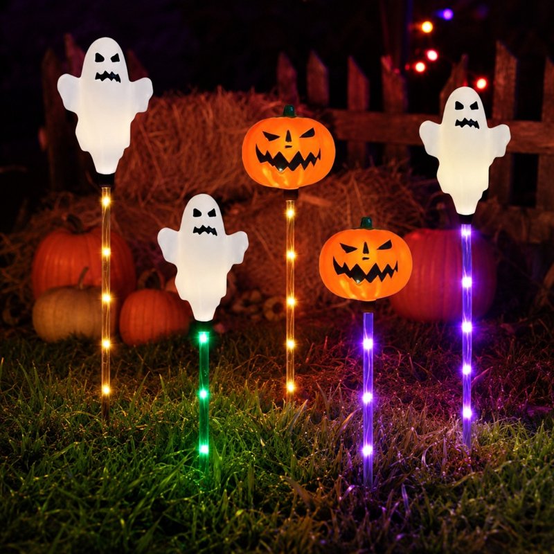 Halloween Solar Stake Lights Ghost Pumpkin Set Waterproof Multi-Color Glow - White & Orange