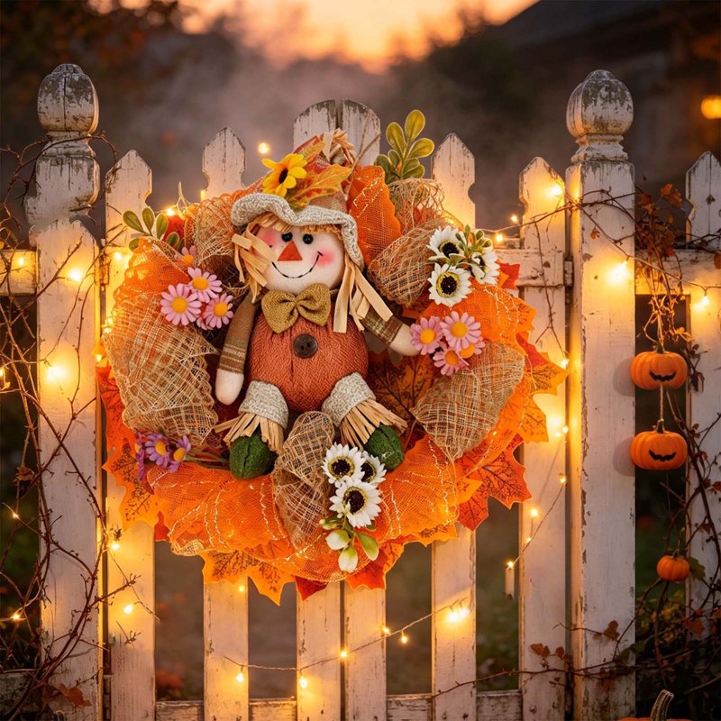 Lighted Fall Scarecrow Wreath for Front Door - 12.2 Inch Farmhouse Autumn Decor with Sunflowers & Daisies - Variation 724-8-12.2"