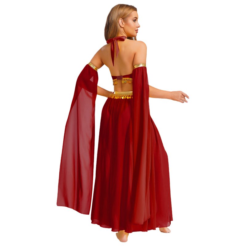 Women Belly Dance Costume Set Burgundy M - Chiffon Skirt & Crop Top