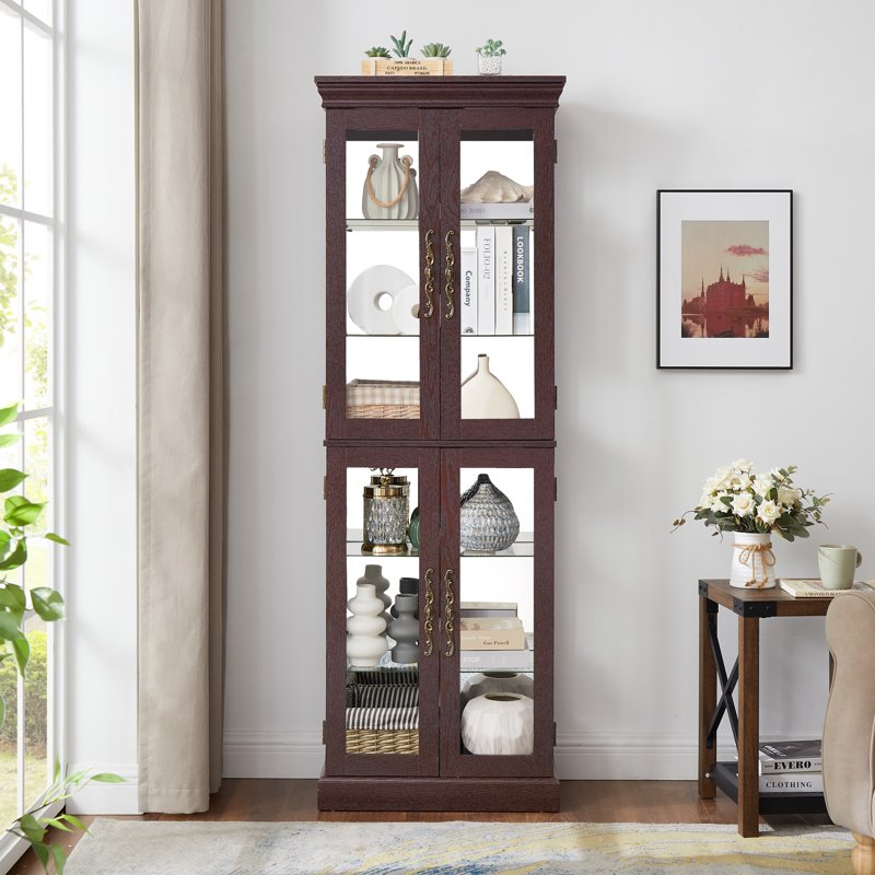 Wood Curio Display Cabinet with Light - Dark Cherry Finish