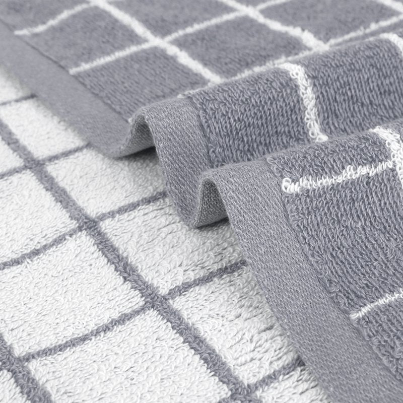Checkered Cotton Hand Towel Set - Grey 4-Piece - Soft Absorbent & Quick-Drying