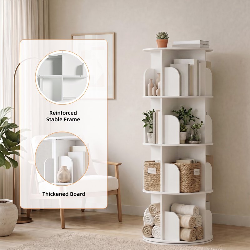360° Rotating Bookshelf - 4 Tier White Bookcase Storage Rack