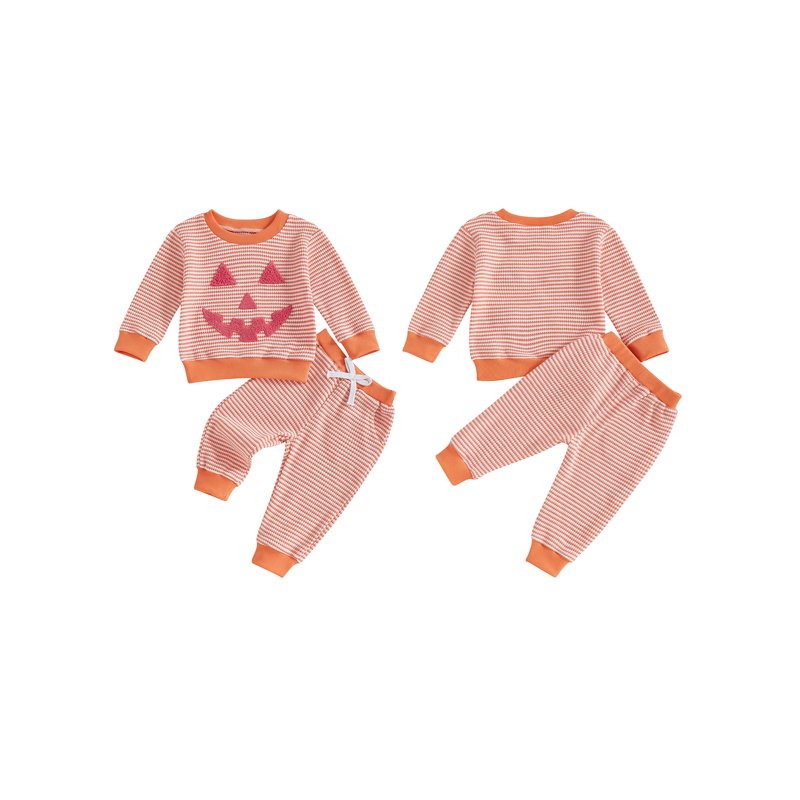Toddler Boys Girls Halloween 2-Piece Pants Outfit Set - Pumpkin Embroidery & Striped Pants, Style 26, 2-3 Years